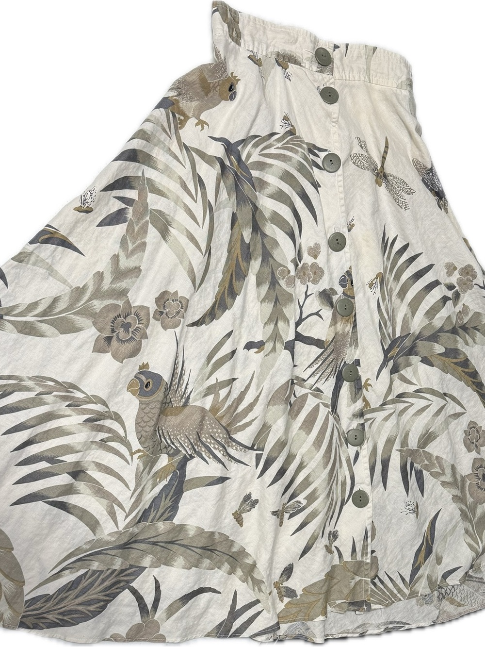 Finity Tropical Button-Front Skirt in Neutral Bird Print